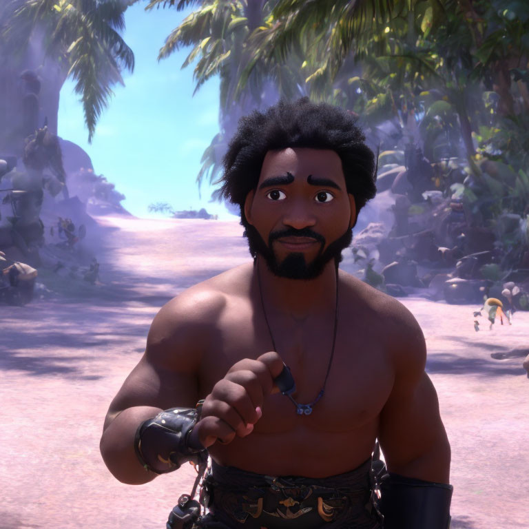 Male 3D Animated Character with Afro Hair in Tropical Setting