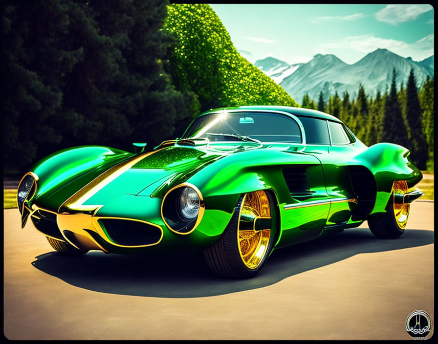 Vintage Green Sports Car with Gold Rims in Outdoor Setting