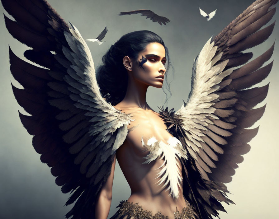 Majestic winged figure with intricate feathers on neutral background