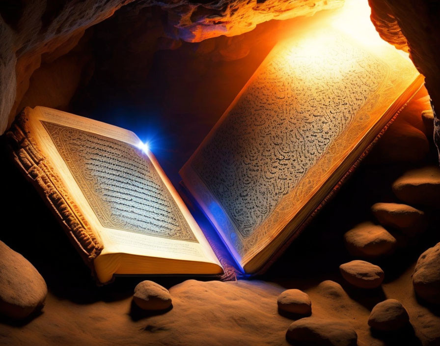 Intricately designed open book glowing in dark cave