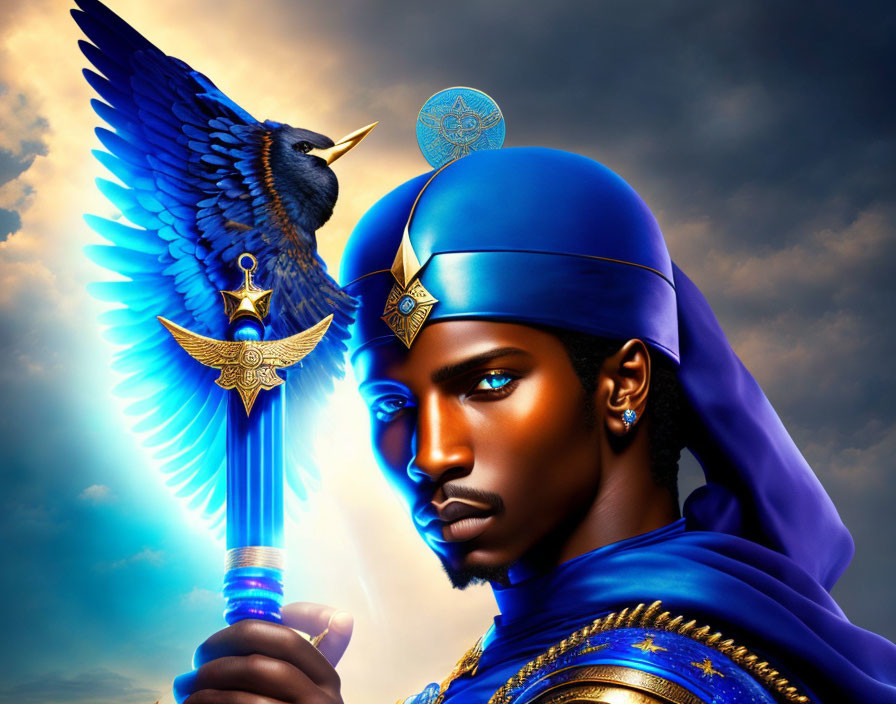 Egyptian-inspired man with glowing blue ankh staff and stylized crow in digital artwork