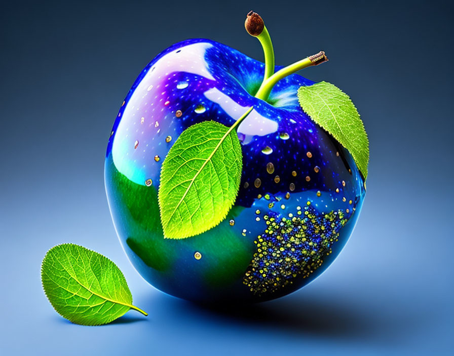 Digitally altered apple with cosmic pattern overlay and green leaves.