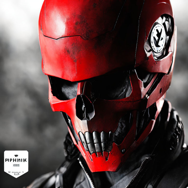 Person wearing red and black skull design helmet with emblem.