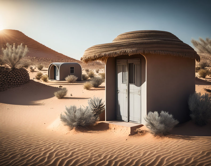 Circular Thatched Roof Desert Accommodation Amid Sand Dunes