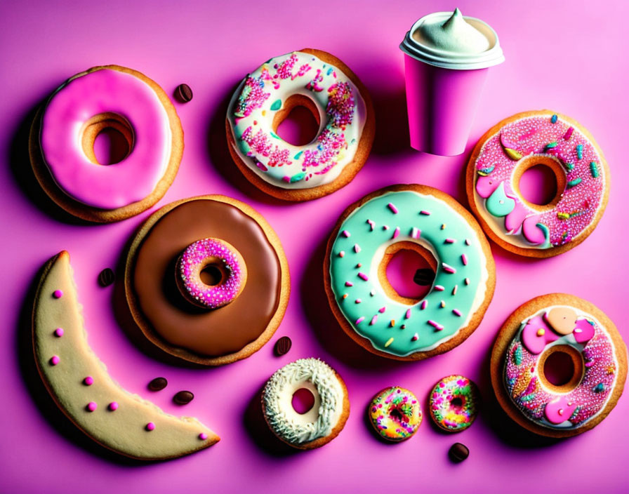 Colorful Sprinkled Donuts and Coffee Cup on Pink Background