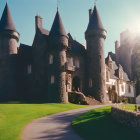 Majestic castle with turrets in lush green landscape and clear sky