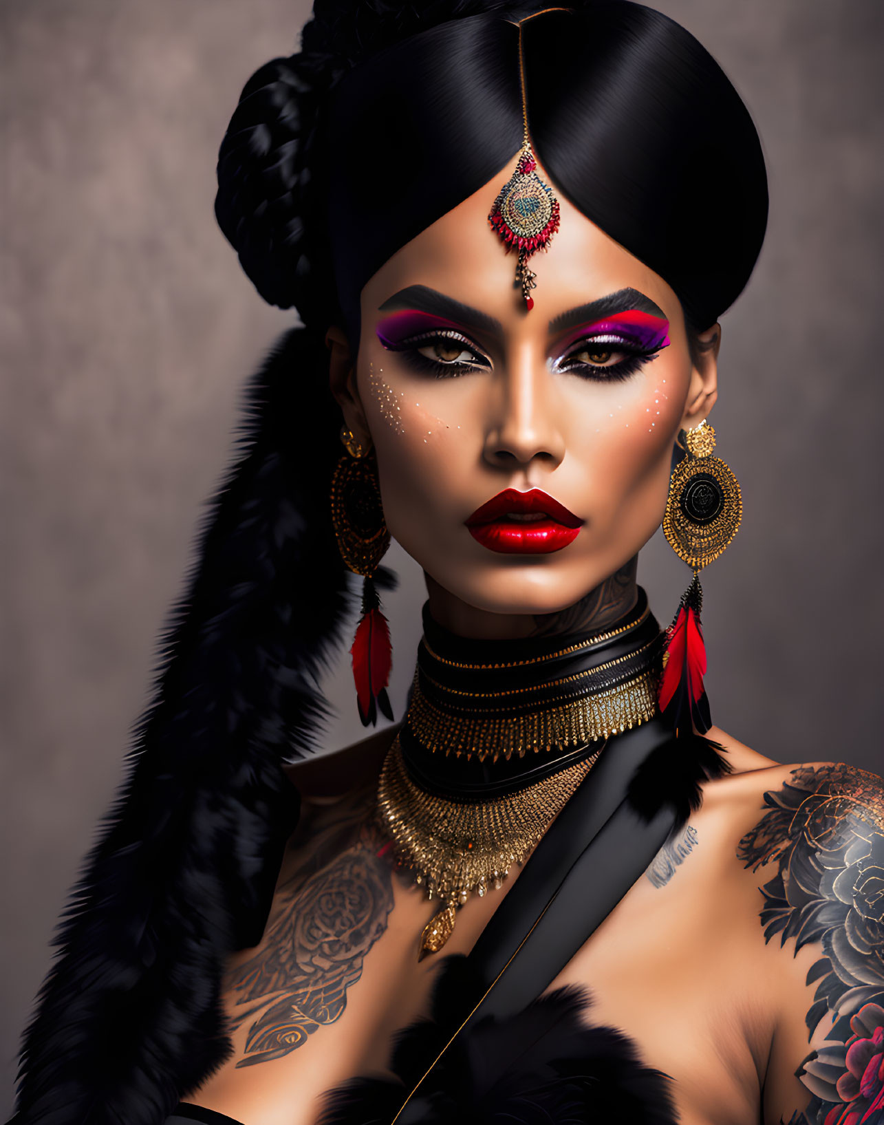 Portrait of woman with dramatic makeup, ornate jewelry, sleek updo, tattoos, and feathered