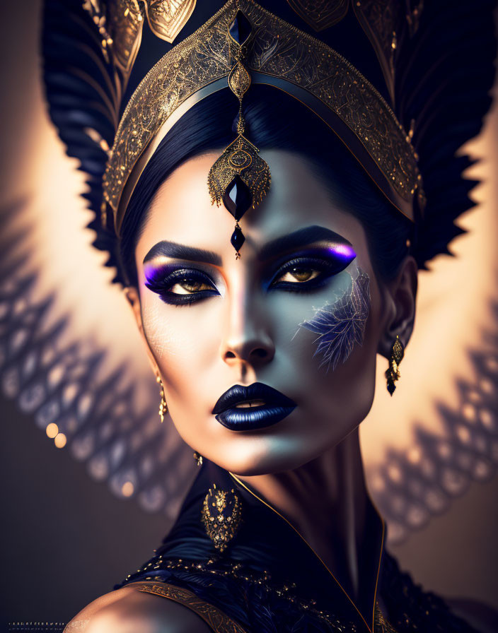 Woman with Dramatic Makeup and Ornate Headdress Featuring Gold and Feathers