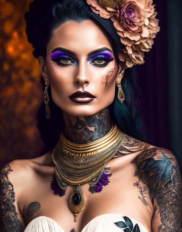 Portrait of woman with vibrant makeup, floral headpiece, intricate tattoos, and gold jewelry on warm-ton