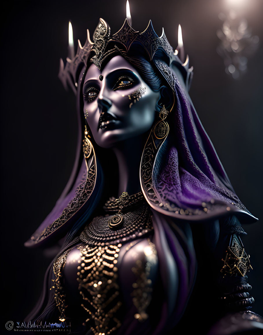 Regal figure with crown and gold jewelry in dark aesthetic