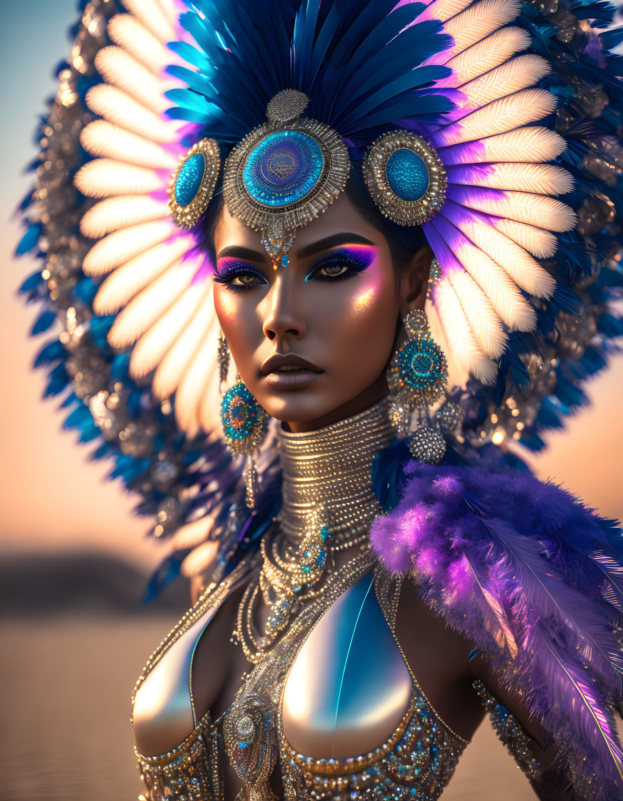 Portrait of Woman in Feathered Headdress with Blue and Gold Tones