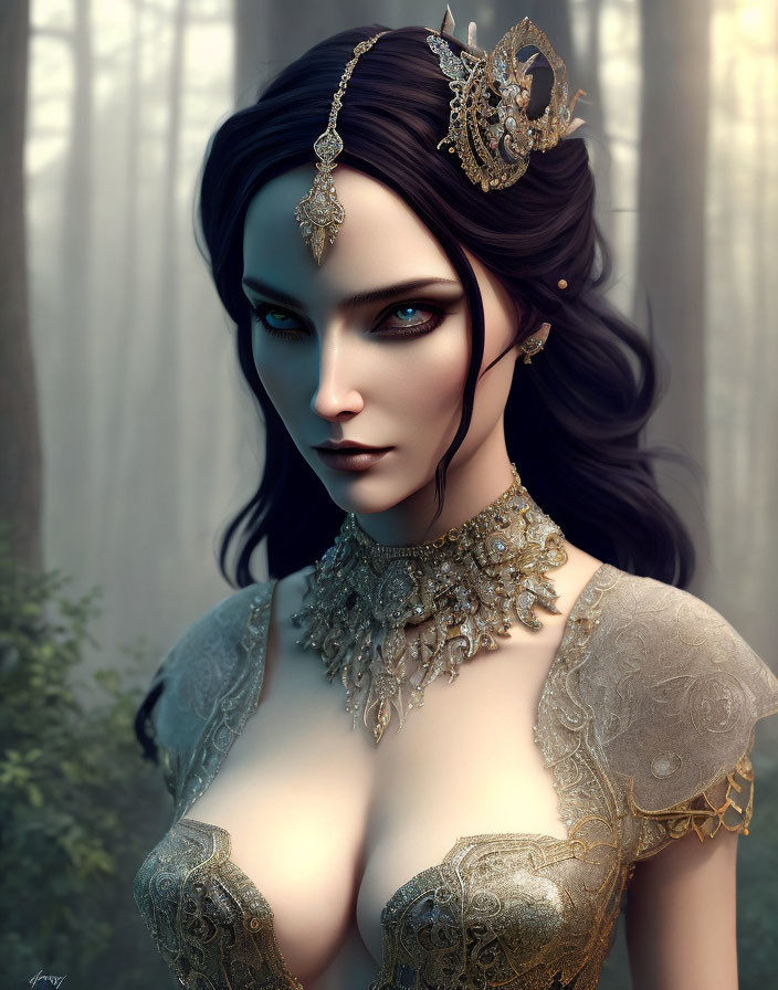Fantasy digital art: Female character with dark hair, blue eyes, golden shoulder armor in misty