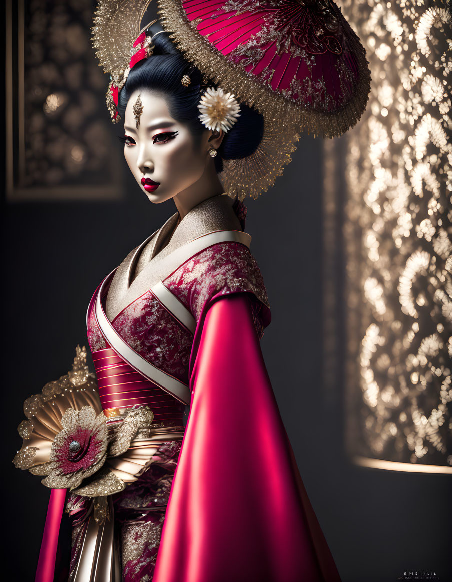 Traditional Japanese attire: Woman with parasol and elaborate makeup
