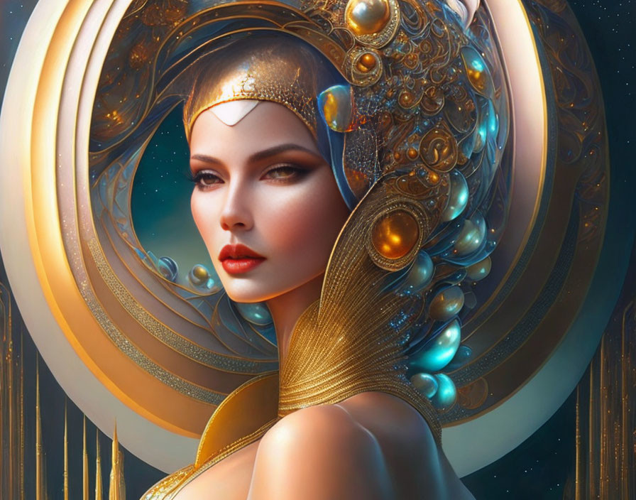 Portrait of Woman with Ornate Golden Headdress Against Celestial Backdrop
