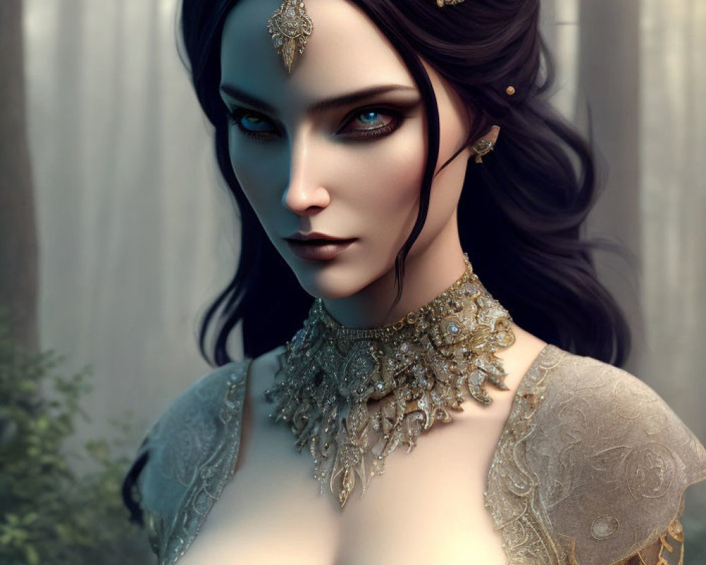 Fantasy digital art: Female character with dark hair, blue eyes, golden shoulder armor in misty