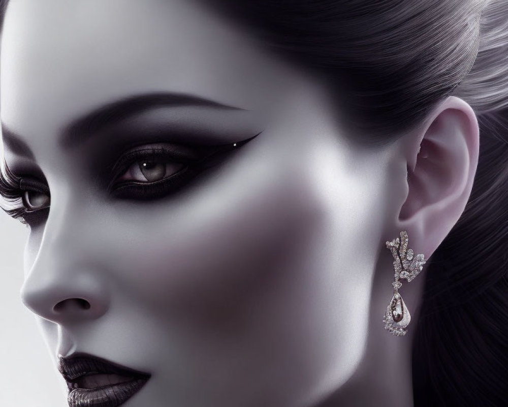 Monochrome image of woman with dramatic makeup and diamond earring
