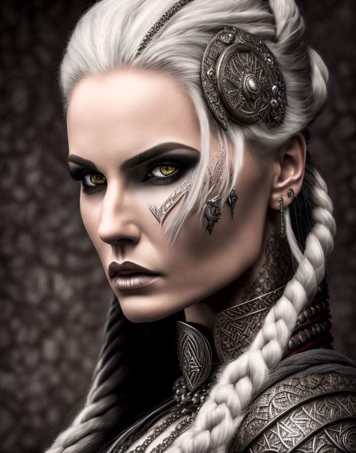 White-haired woman with yellow eyes in warrior face paint, metal armor & jewelry