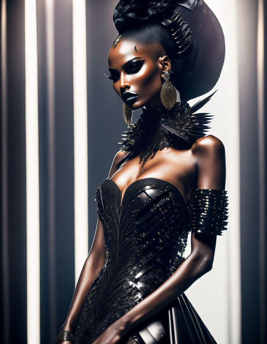 Avant-garde model with high black hairdo and dramatic makeup
