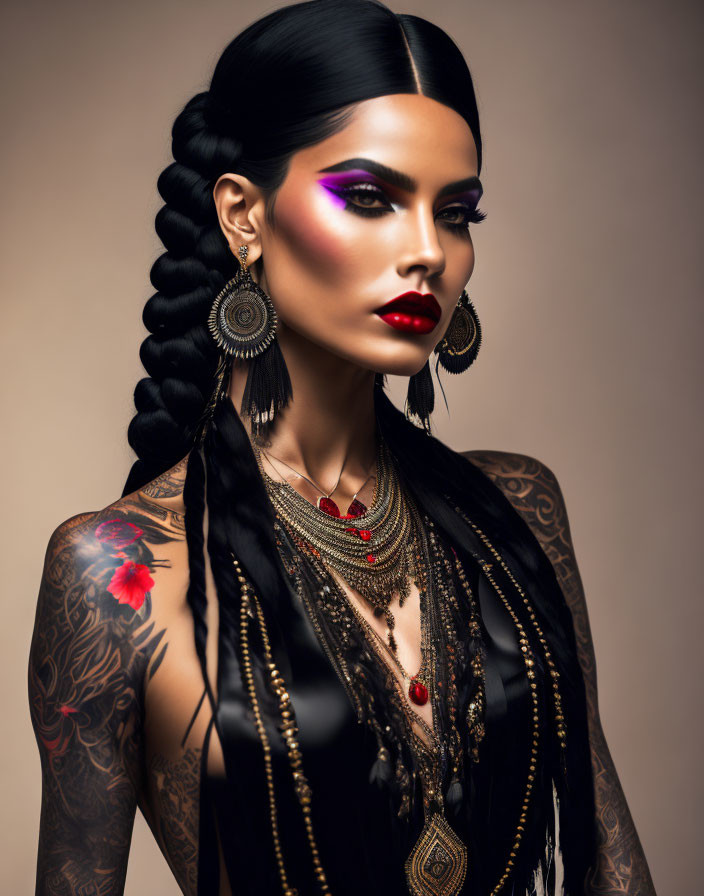 Bold Makeup, Braided Hairstyle, Tattoos, Earrings, Necklaces on Woman against Be