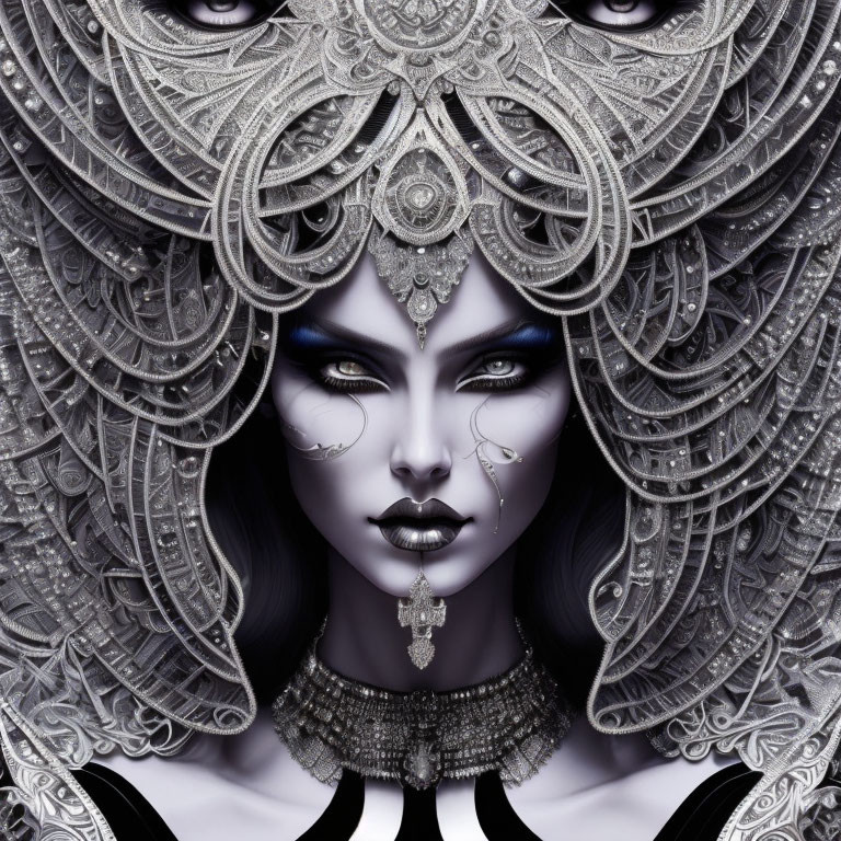 Monochromatic fantasy portrait of a woman with silver headgear and blue eyes