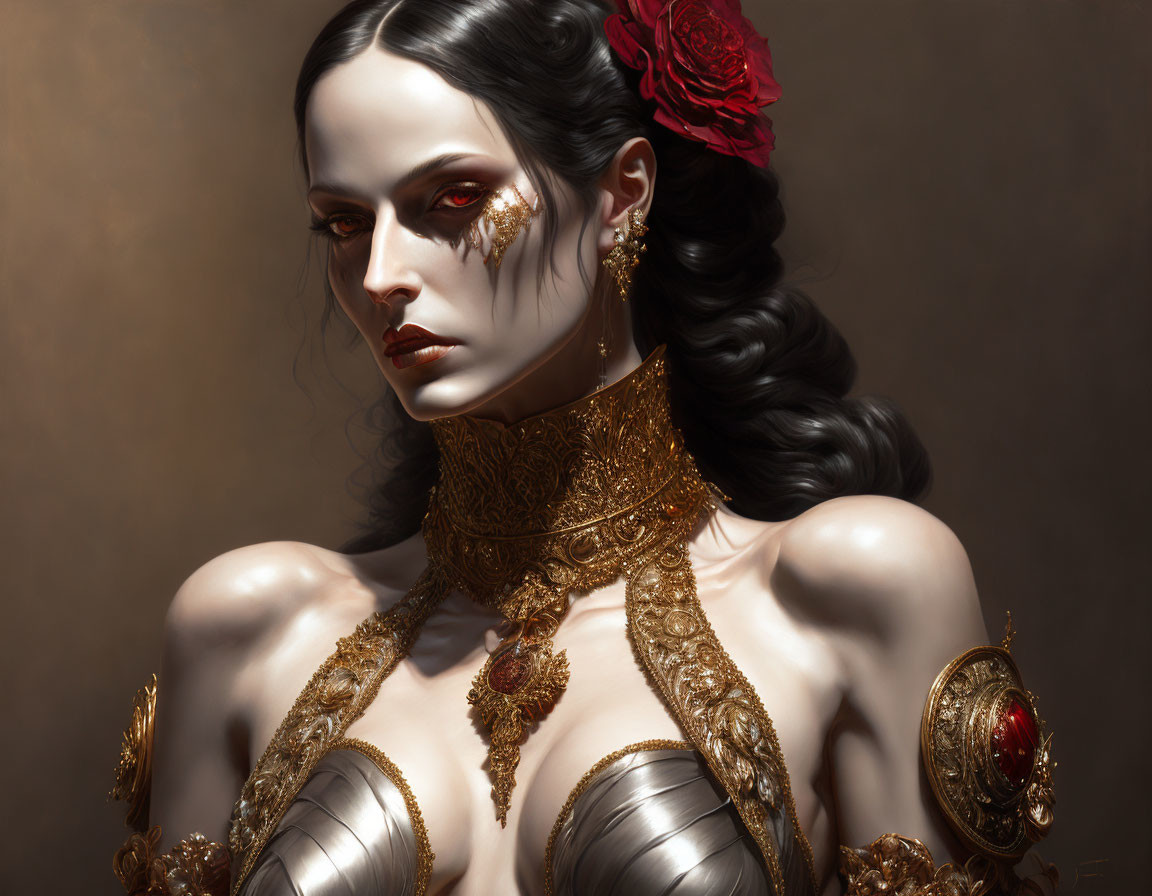 Digital art portrait of woman with pale skin, dark wavy hair, golden jewelry, red flower,