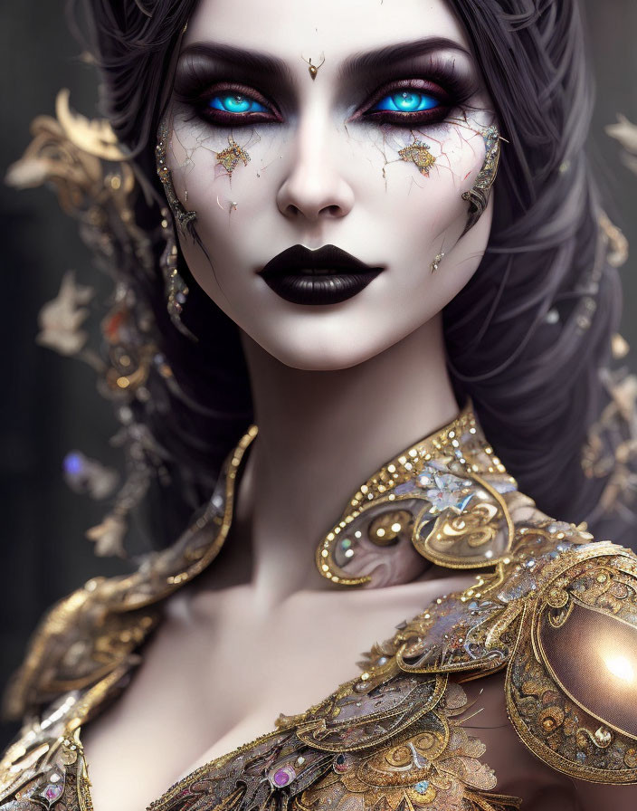 Digital portrait of a woman with blue eyes and gold leaf decorations