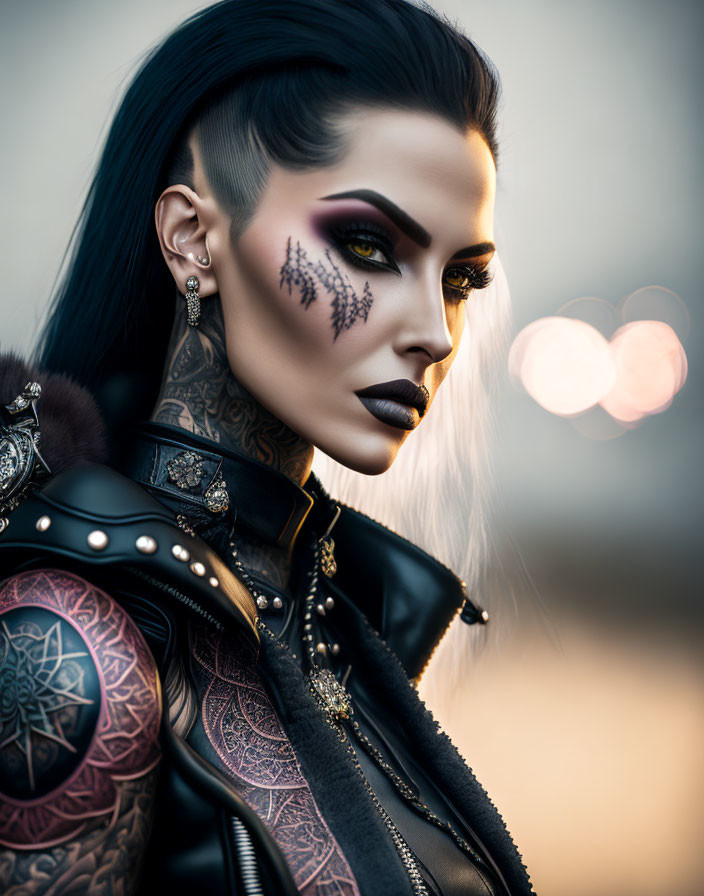 Gothic style woman with dark makeup, tattoos, piercings, leather outfit, and heart