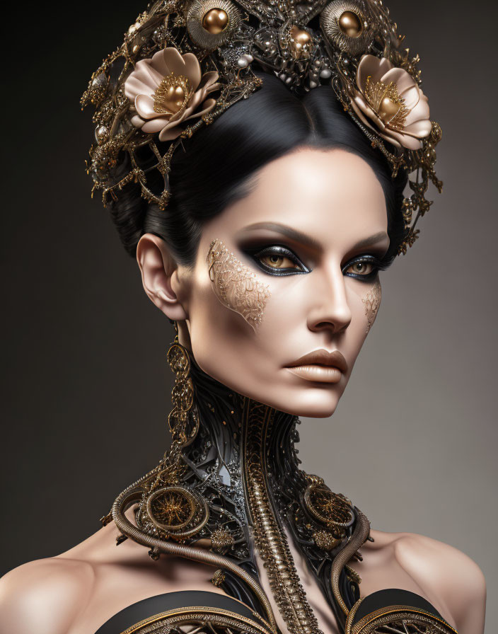 Woman with dramatic makeup and luxurious metallic floral headpiece.