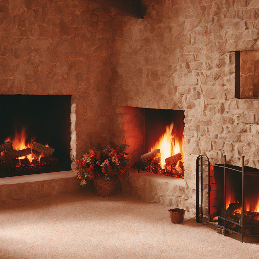 Intimate Room with Two Burning Fireplaces and Stone Walls