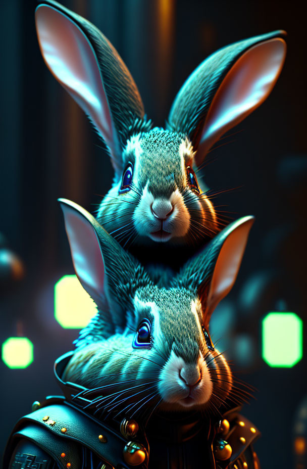 Hyper-realistic stacked rabbits with glowing eyes on dark backdrop with neon lights