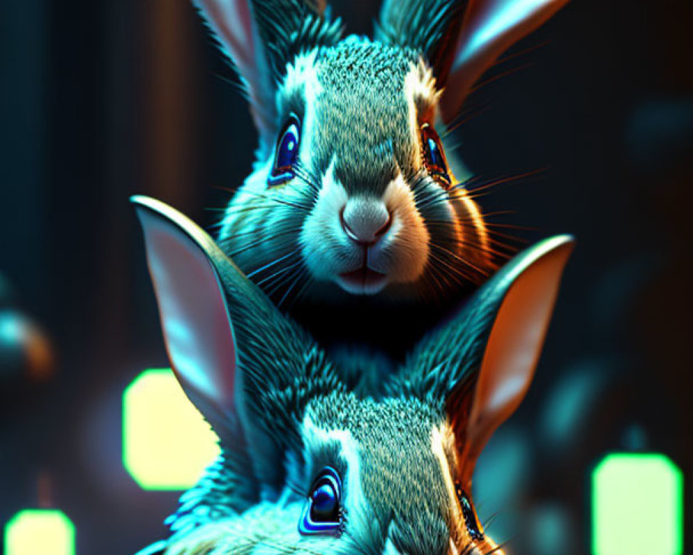 Hyper-realistic stacked rabbits with glowing eyes on dark backdrop with neon lights
