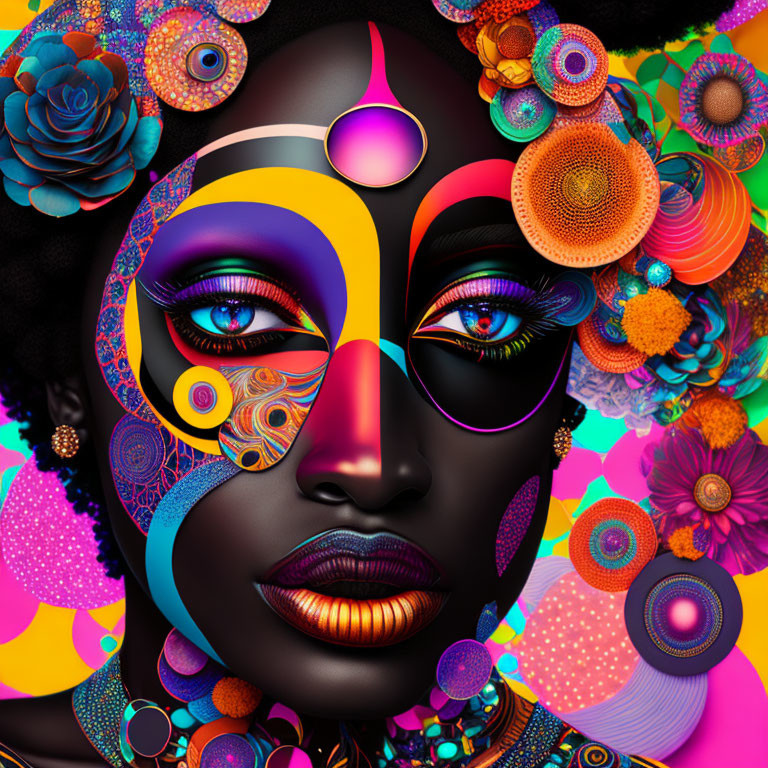 Colorful digital artwork of a woman's face with floral elements on dark background