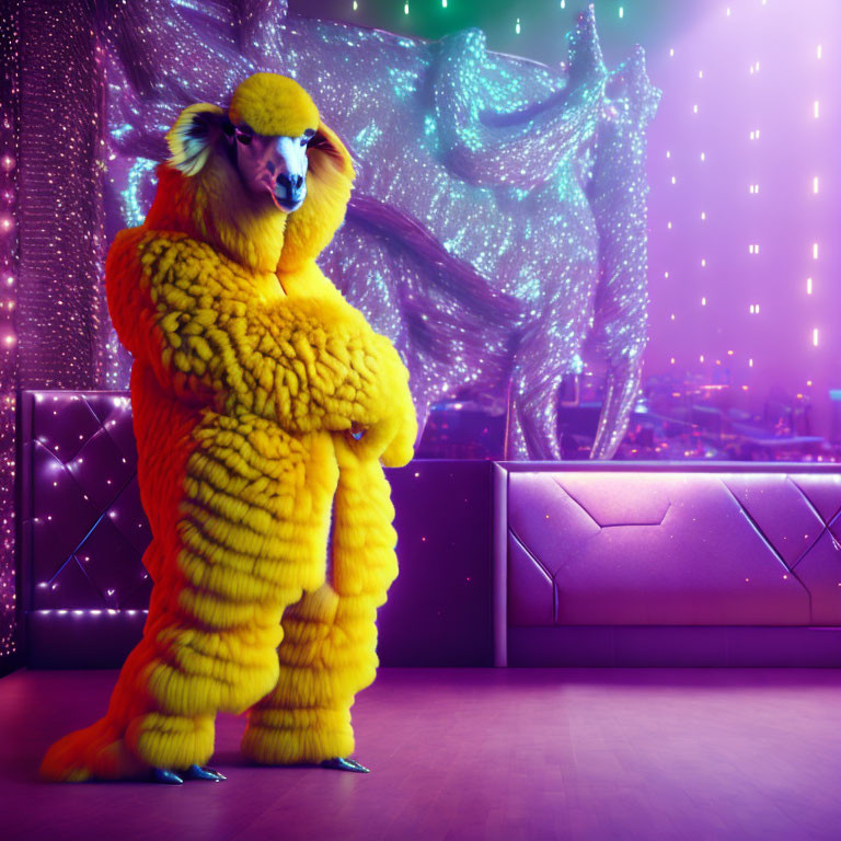 Colorful Anthropomorphic Bird Character on Neon-Lit Stage