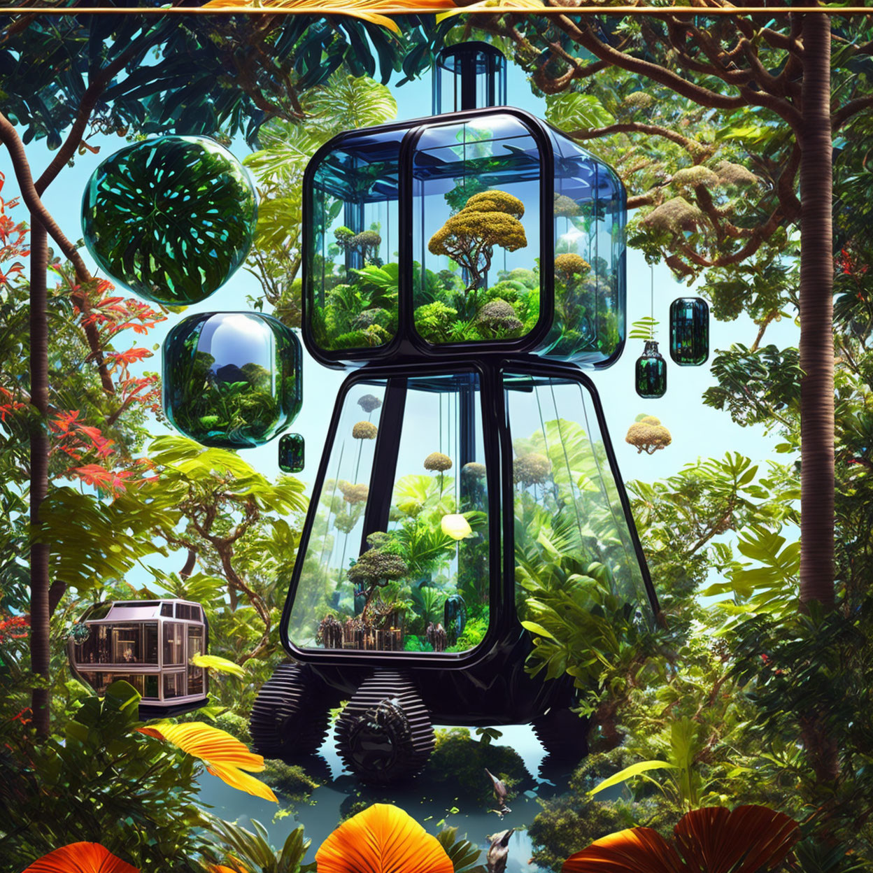 Transparent Multi-Level Pods in Futuristic Mobile Greenhouse surrounded by Dense Jungle