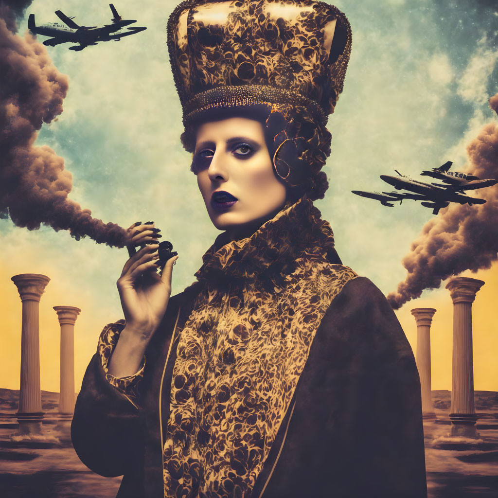 Regal person in crown and ancient attire with flying planes and Roman columns on cloudy backdrop