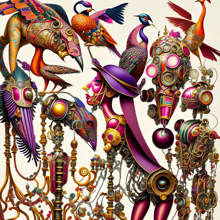 Steampunk machinery and exotic birds in intricate artwork.