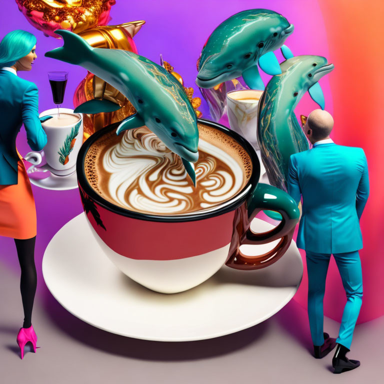 Surreal artwork: People in suits watch dolphins in coffee cup