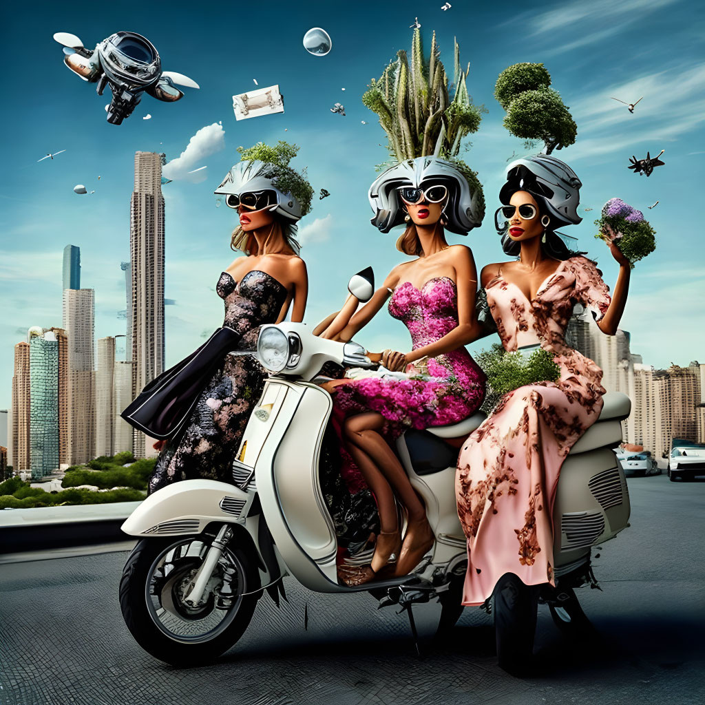 Three women with futuristic sunglasses and plant hairstyles on a scooter, surrounded by floating objects and drones in a