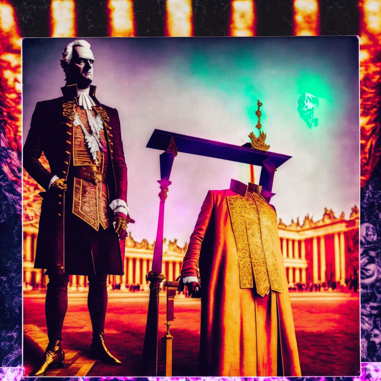 Historical attire man with headless mannequin in royal garb in surreal setting