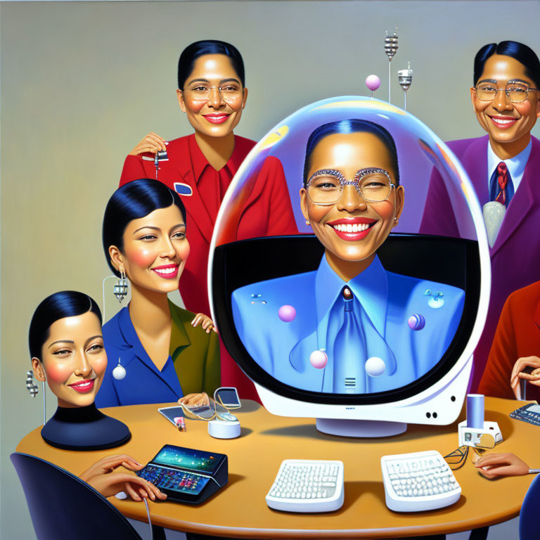 Illustration of identical quintuplets in business attire with giant smiling face on vintage computer