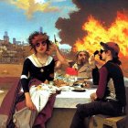 Stylish women in helmets dining at table with fruit, background of exploding tank and classical architecture