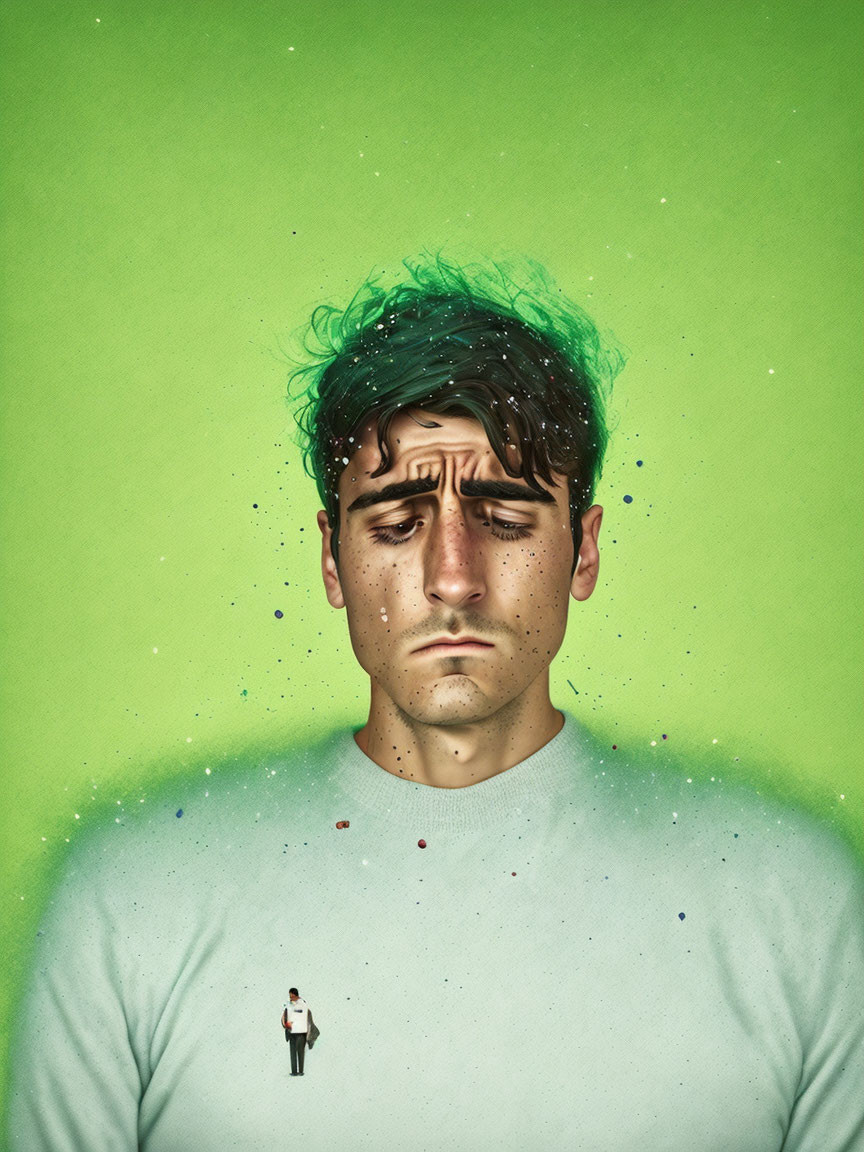 Man with miniature self painting green hair on solid background