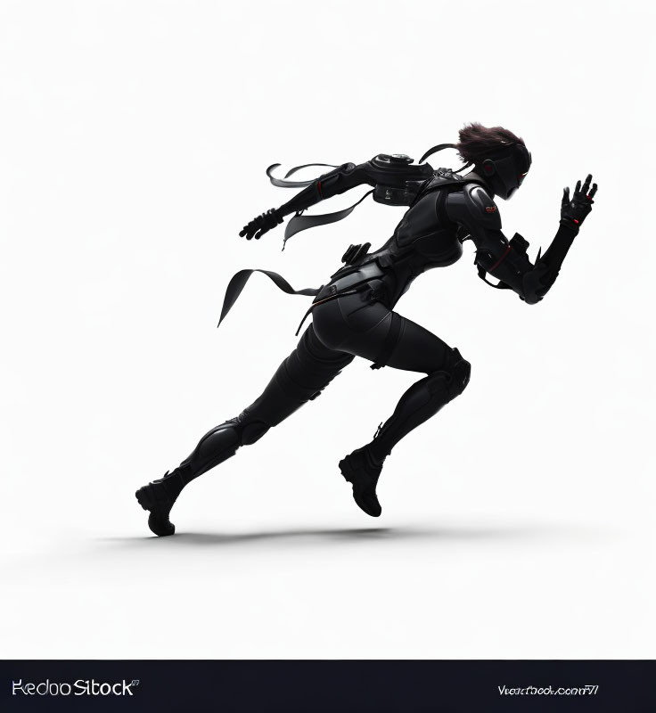 Female Figure Silhouette in Futuristic Black Suit with Cables and Helmet Running