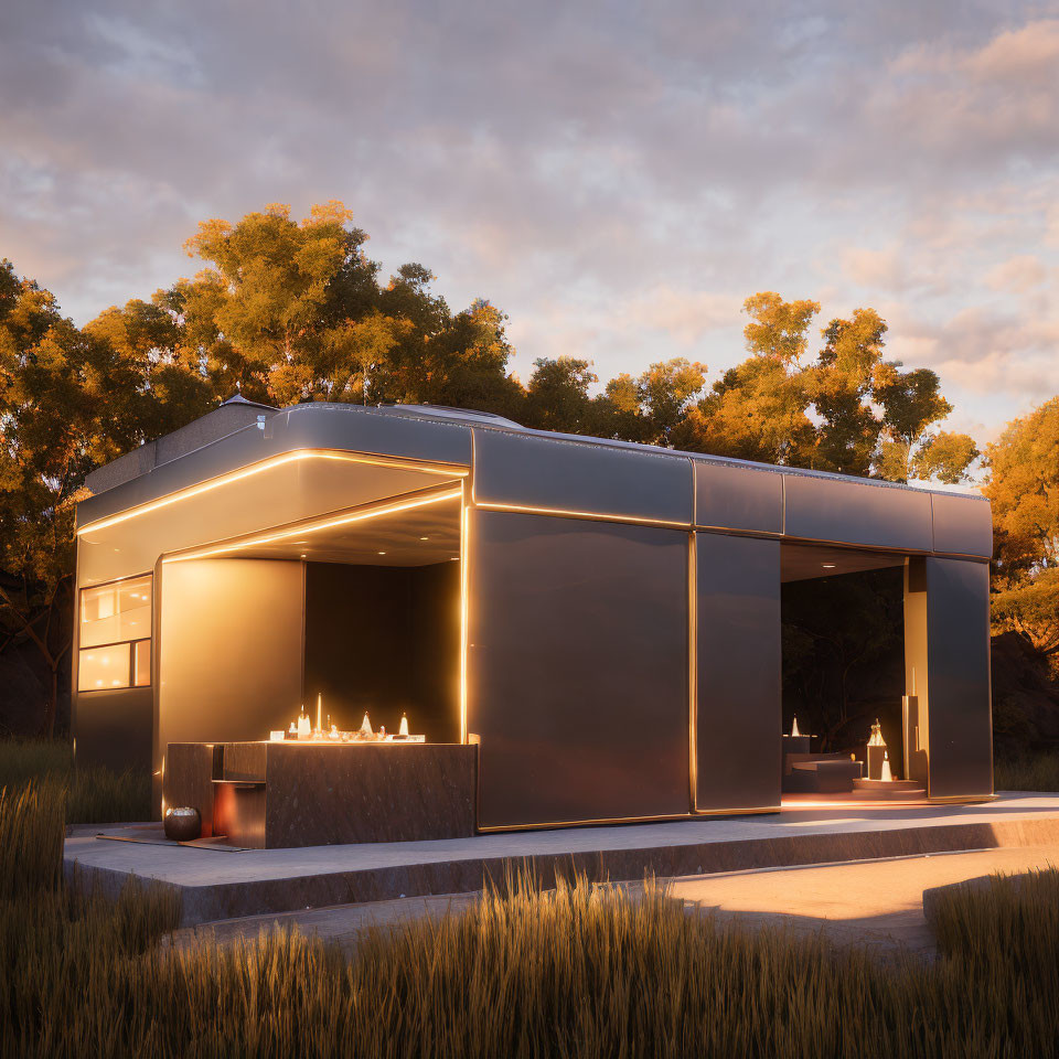 Contemporary minimalist house with large windows, outdoor lighting, and tall grasses at dusk.