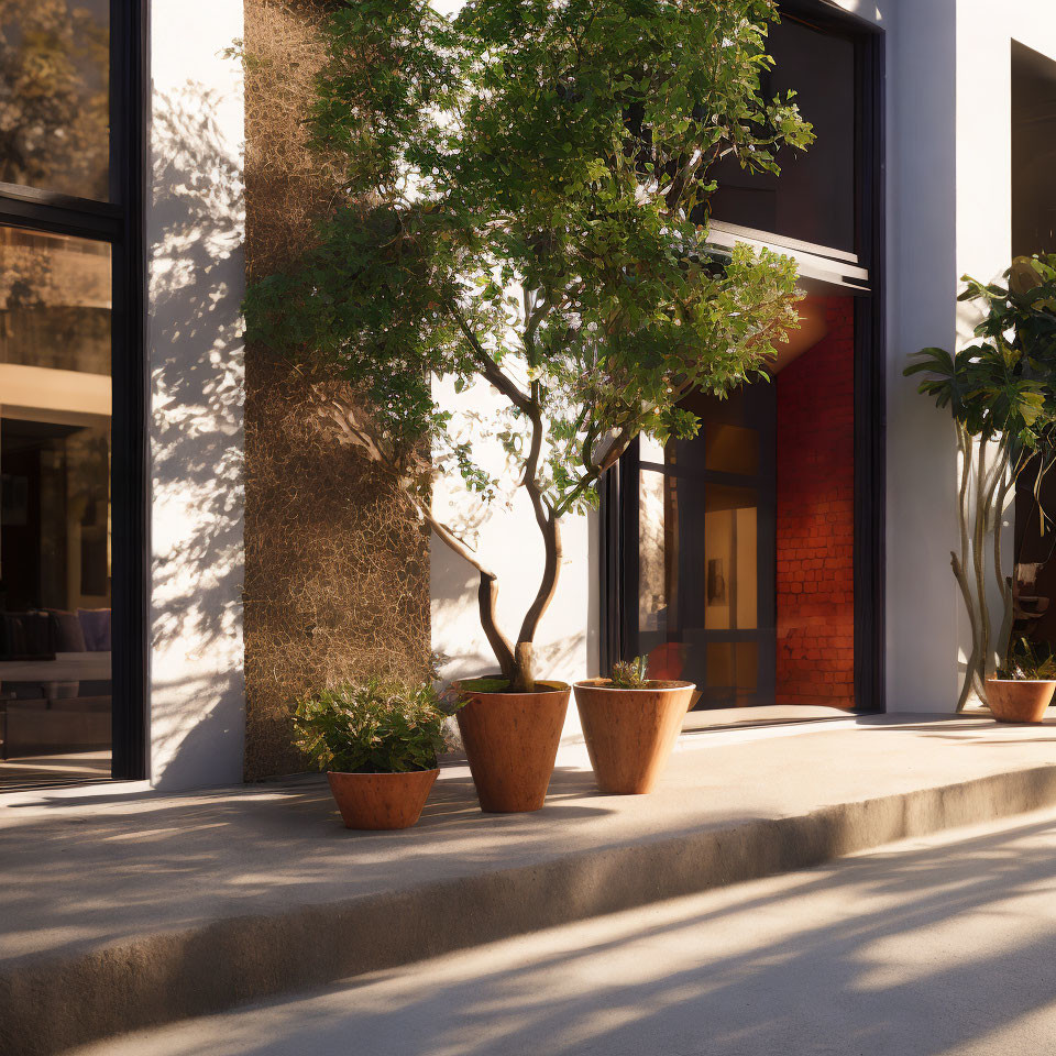 Contemporary building with large windows, brick wall, potted plants, and tree shadows in golden sunlight