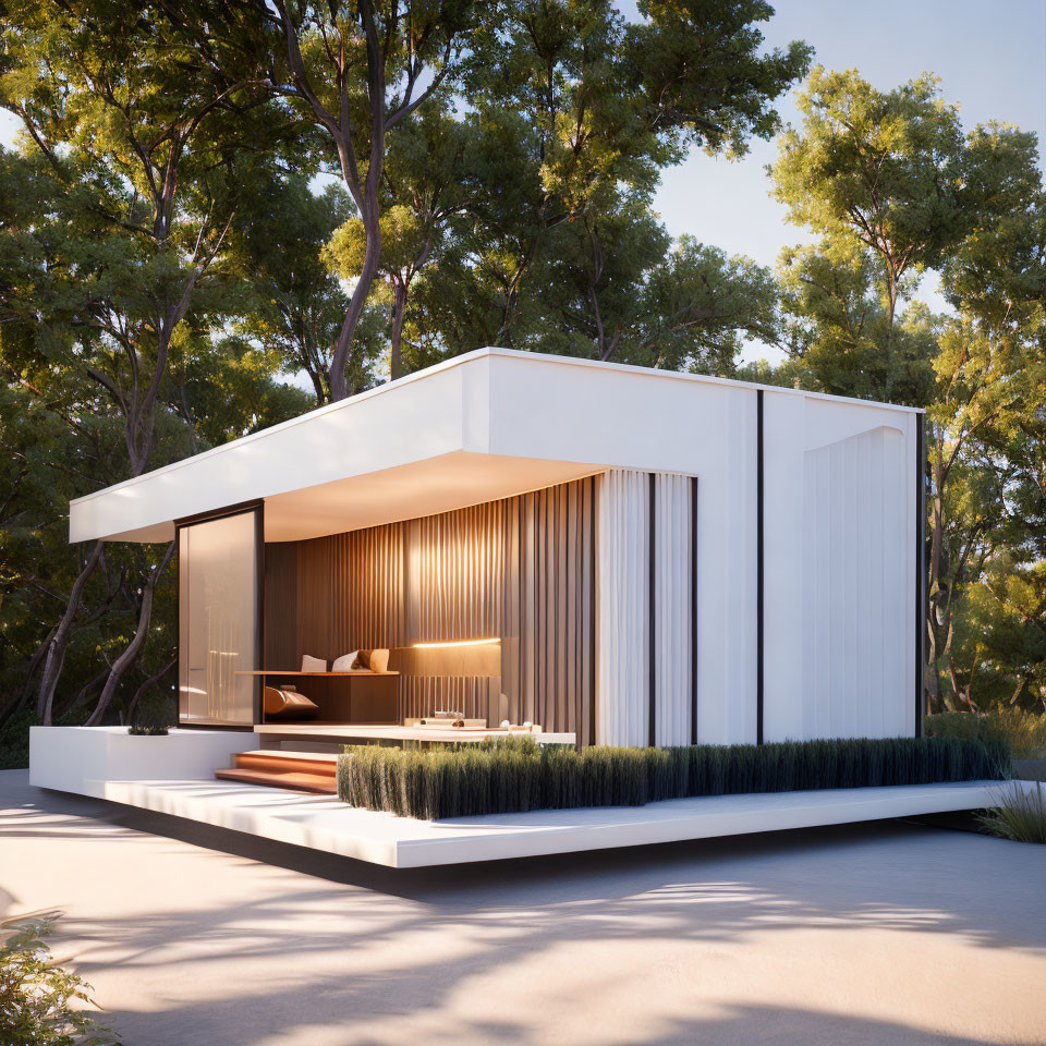 Contemporary minimalist house design with large windows and flat roof surrounded by trees and wooden accents