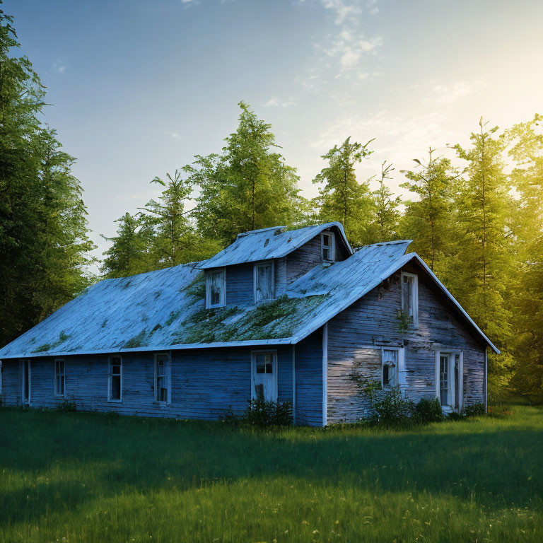 Weathered Blue House Surrounded by Trees in Sunlight