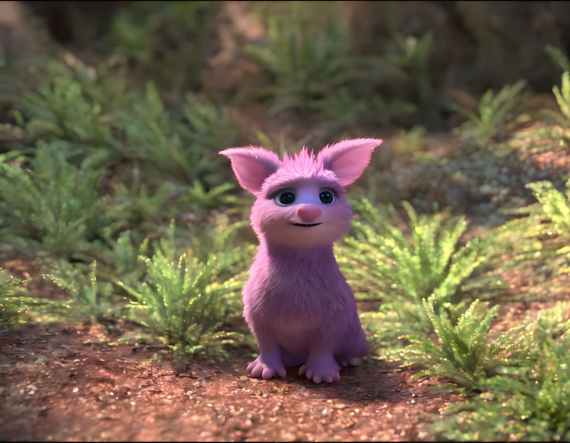 Fluffy Pink Creature with Big Ears and Blue Eyes in Forest Setting