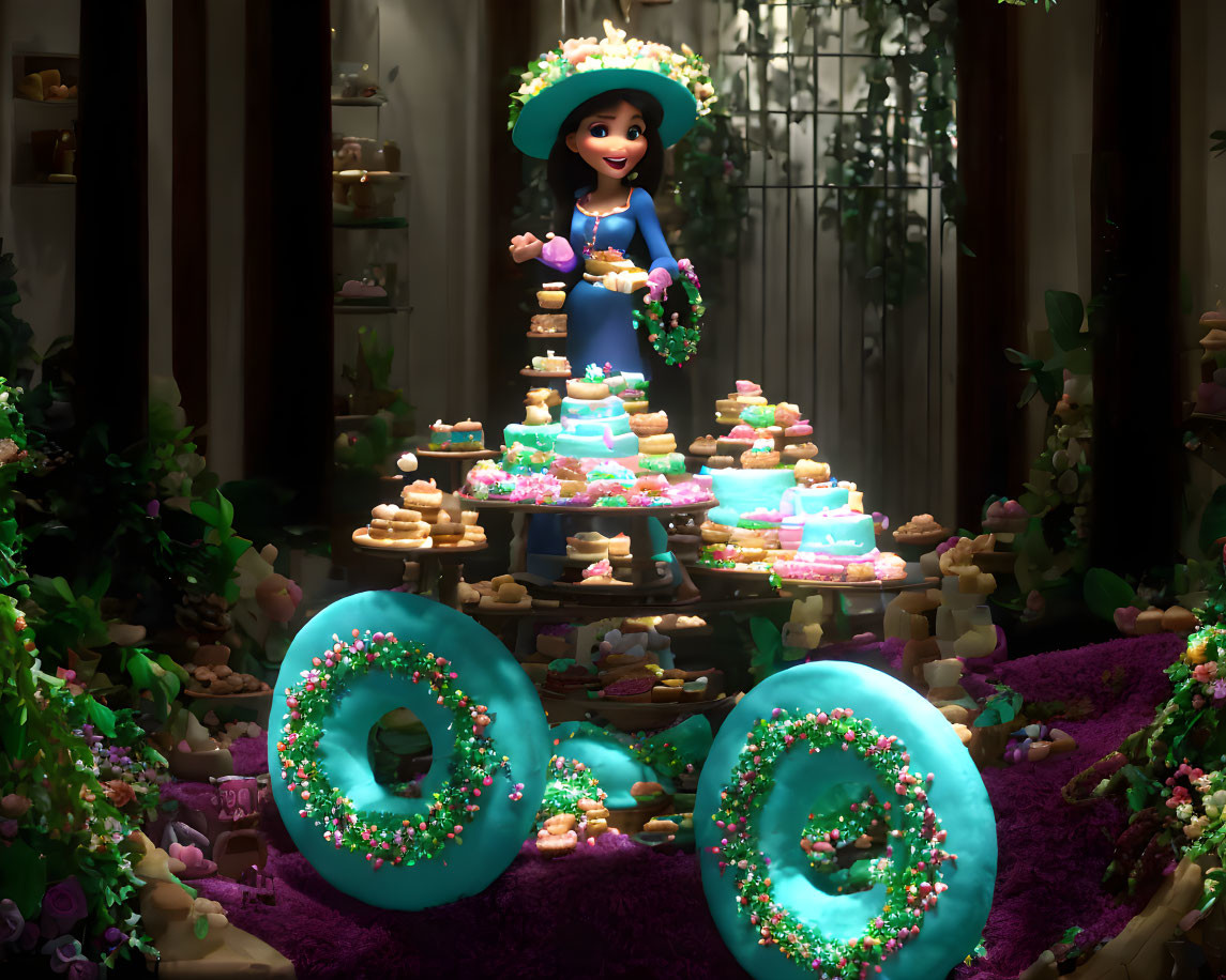 Colorful Animated Character Surrounded by Cakes and Floral Decorations