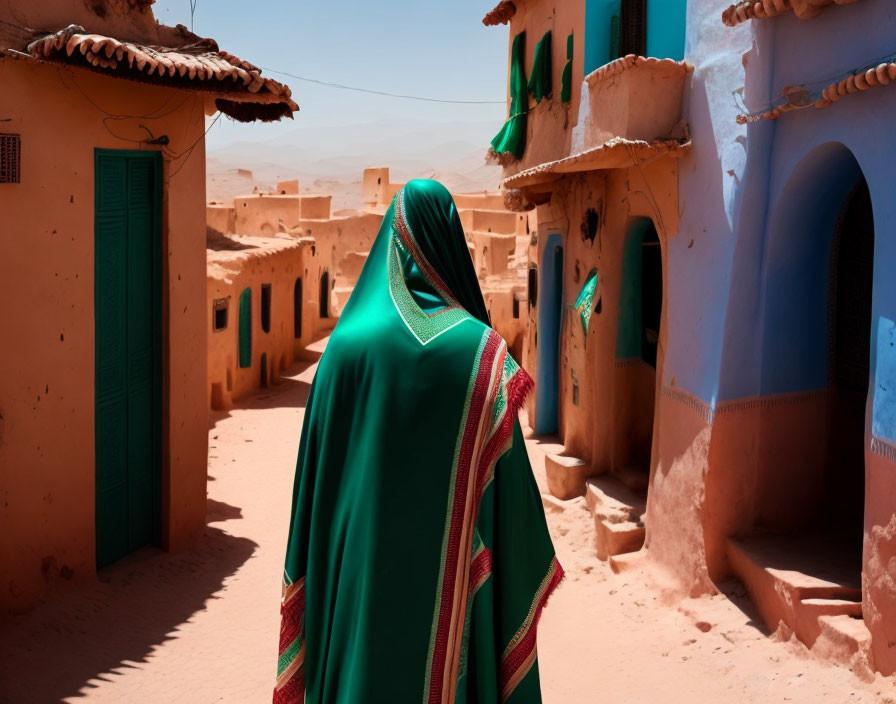 Person in Green and Red Garment Walking Between Terracotta Buildings in Narrow Alley